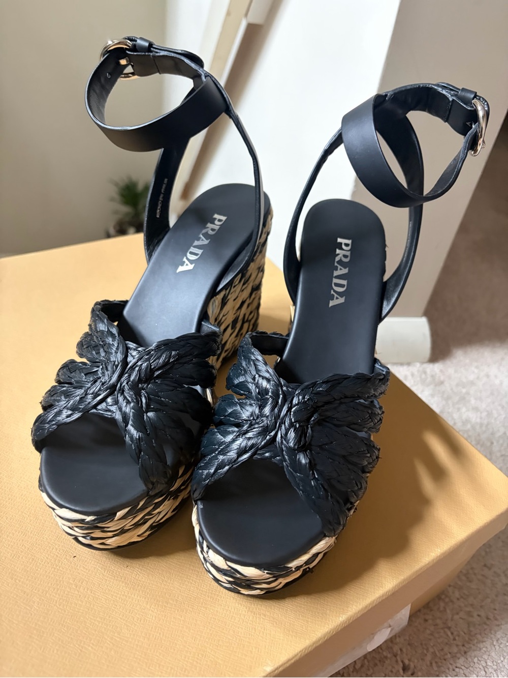 Prada Black Braided Leather & Woven Raffia Platform Wedge Sandals - Picture 3 of 12
